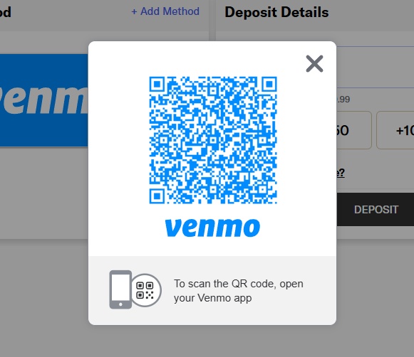 Venmo QR code prompt to continue the deposit.